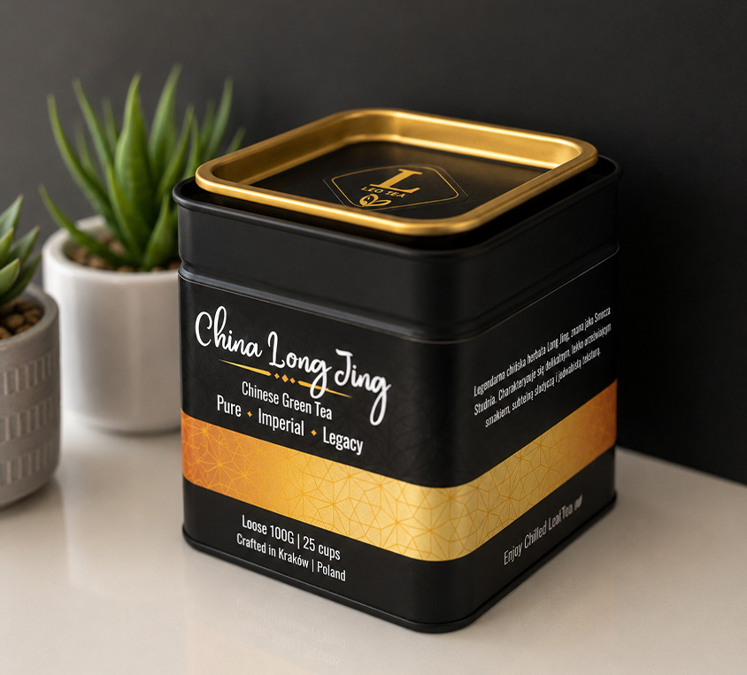 Long Jing Leo Tea – elegancka puszka, doypack i kubek prezentowy